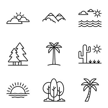Landscapes and nature icons set. Vector illustration.