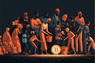 Des gens travaillant dans une société ou Bitcoin est une monnaie standard et accepté par tout le monde, crée par une IA générative - obrazy, fototapety, plakaty