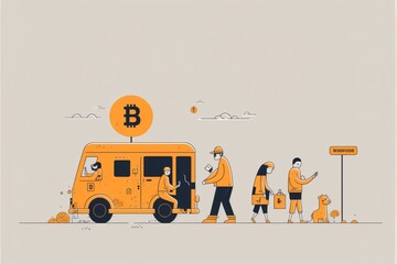 Des gens travaillant dans une société ou Bitcoin est une monnaie standard et accepté par tout le monde, crée par une IA générative - obrazy, fototapety, plakaty