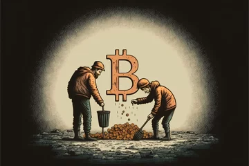 Foto op Plexiglas deux personnes travaillant pour gagner du Bitcoin comme monnaie principale, crée par une IA générative © Julien