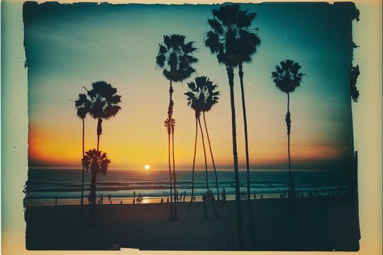 Sunset in the West Coast, high palm trees, polaroid photo style 