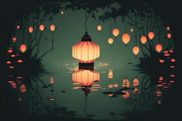 Chinese lantern reflected in a body of water, DIGITAL ART (AI Generated)