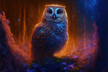 Papier Peint photo Dessins animés de hibou Glowing owl in a fantasy forest, Generative AI
