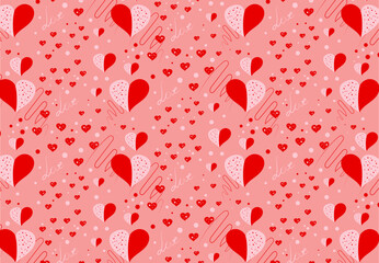 Drawing doodles seamless pattern of hearts different with swirls and dots on pink background. Holiday background design, banner, packaging. For valentine's day.