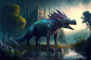 Epic dinosaur in a fantasy landscape, Generative AI