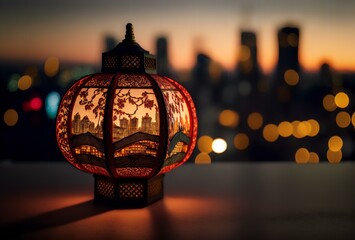 Chinese lantern in the foreground, with a beautiful cityscape in the background (AI Generated)