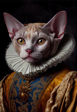 Black Queen Devon Rex Cat Breed Portrait Royal Renaissance Animal Painting