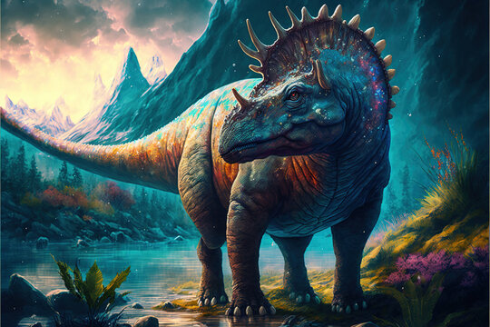 Fototapeta Majestic dinosaur in a fantasy landscape, Generative AI