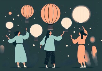 shot of a group of people holding Chinese lanterns and channeling psychic energy into them, causing them to float and dance in the air, DIGITAL ART (AI Generated)