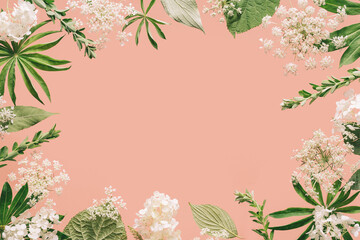 Assorted floral and jungle tree green leaves and white flowers frame border on peach pink. Natural sustainable environment friendly cosmetics mockup concept flat lay with copy space
