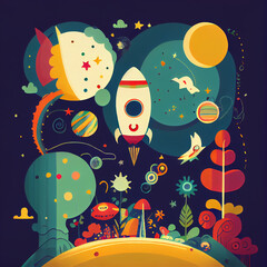 Beautiful Space Planets And Rockets Pattern. Illustrator Generative AI