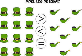 More, less or equal with cute cartoon Saint Patrick day elements.