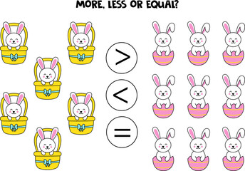 More, less or equal with cute cartoon Easter rabbits.