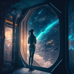 girl looks out of a window into space,fictional person made with generative ai