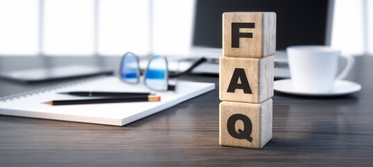 3D render of a Frequently Ask Questions sign on a office workplace background