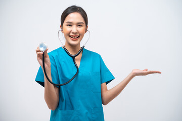 Portrait of Asian female doctor standing with stethoscope show something on her hand isolated on...