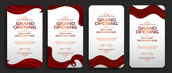 Grand opening elegant luxury banner social media story template with red curtain, silk swirl, white background