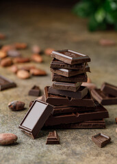 Broken chocolate pieces on dark background. Stack of dark chocolate. Chocolate concept