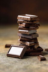 Broken chocolate pieces on dark background. Stack of dark chocolate. Chocolate concept