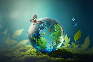 World environment and earth day concept with glass globe and eco friendly enviroment