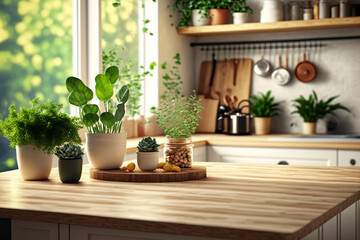Wood table top with green plants on blur kitchen counter (room)background. - obrazy, fototapety, plakaty