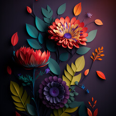 Fototapeta na wymiar Colorful Papercraft Flower art Dark Background, Beautiful Flower Design, Paper Craft Flower