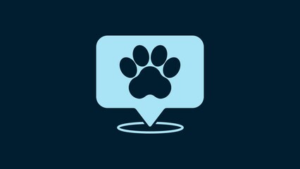 White Map pointer with veterinary medicine hospital, clinic or pet shop for animals icon isolated on blue background. Veterinarian clinic. 4K Video motion graphic animation