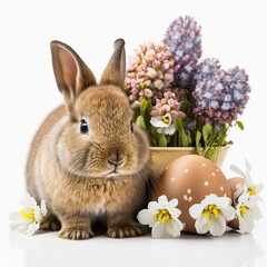 Easter bunny surrounded by spring flowers. Generative AI - obrazy, fototapety, plakaty
