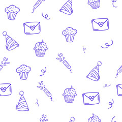 Birthday seamless pattern. Party decorative items. Birthday cream cakes, gift boxes, garlands. Hand drawn background for a party, holiday for children, festival. Vector cartoon illustration. 