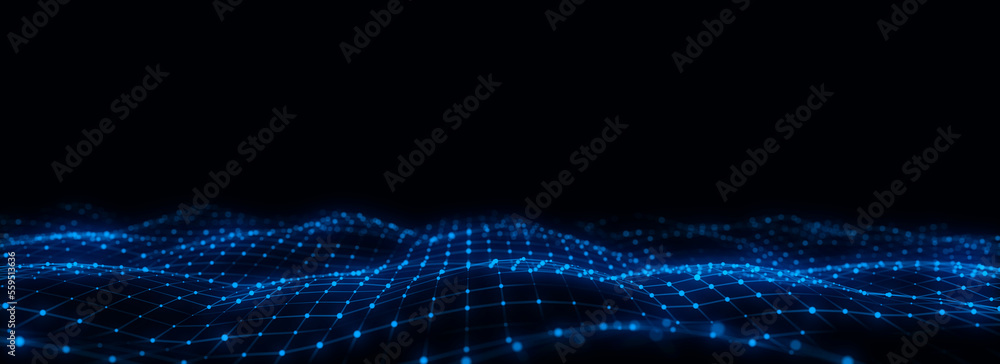 Aufkleber digital technology wave. dark cyberspace with motion dots and lines. futuristic digital background. 
