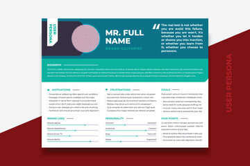 User Persona Document Template Vector Illustration. Examples of User Personas template. Persona Document. Persona Template for UI UX designer. User Persona vector horizontal template with double color