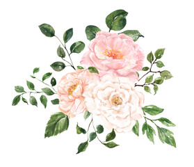 Beautiful floral bouquet illustration. Watercolor blush pink flowers and green foliage spring arrangement, isolated on white background. Botanical painting.