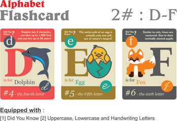 Flashcard alphabet D E F in 3 different color with information vector