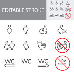 Toilet Room Silhouette Icon. Set of WC Sign. Bathroom, Restroom Pictogram. Public Washroom for Disabled, Male, Female, Transgender. Mother and Baby Room. No smoking Sign. Vector Illustration.