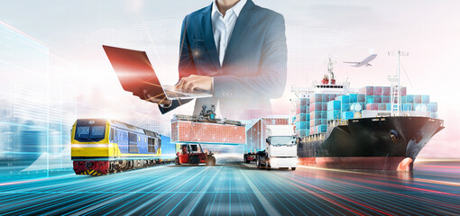 Business and technology digital future of cargo containers logistics transportation import export concept, Engineer using laptop online tracking control delivery distribution on world map background - obrazy, fototapety, plakaty