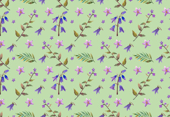  Seamless watercolor pattern with garden, wildflowers, and herbs elements on a  light background. Summer, spring, warm season. 