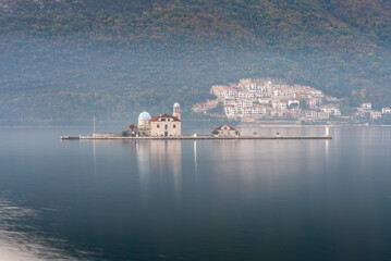 View of kotor bay perast town, beautiful view of islands on sea and church tower