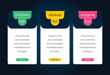 Colorful Pricing Table Design Templates for Websites and Applications, Vector Pricing table, infographic design