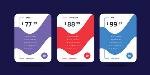 Colorful Pricing Table Design Templates for Websites and Applications, Vector Pricing table, infographic design - obrazy, fototapety, plakaty