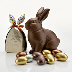 Easter chocolate rabbit and chocolate eggs. Generative AI - obrazy, fototapety, plakaty