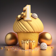 gold birthday cupcake with balloon and number. Generative AI - obrazy, fototapety, plakaty