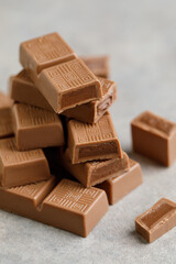 Chocolate bar with filling on brown background. Stack of dark and milk chocolate. Chocolate concept