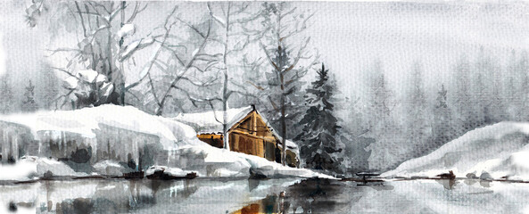 Achromatic landscape of  winter forest with  house in  mountains by  lake.Watercolor illustration.