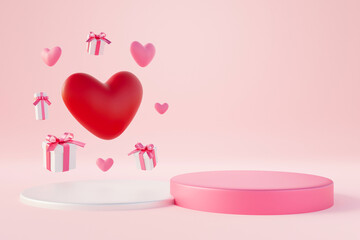 3d rendering love valentine romantic background with gift box, heart and podium - 559517224