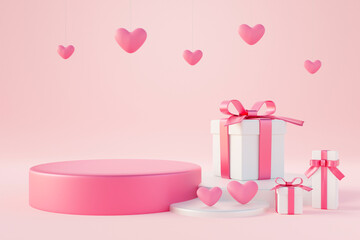 3d rendering love valentine romantic background with gift box, heart and podium - 559517240