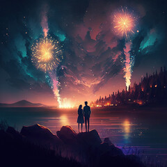 lovers watching the fireworks show, generative AI  - obrazy, fototapety, plakaty