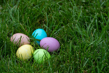 Multiple colorfully dyed Easter eggs in green grass with a shallow depth of field and copy space