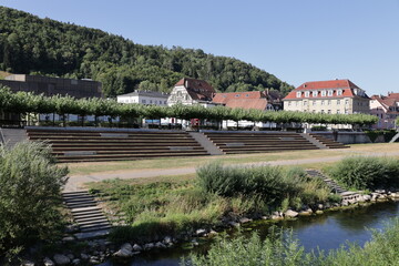 Blick auf den Fluss Neckar im Zentrum der Stadt Horb am Neckar im Schwarzwald - obrazy, fototapety, plakaty
