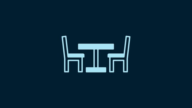White Wooden table with chair icon isolated on blue background. Street cafe. 4K Video motion graphic animation