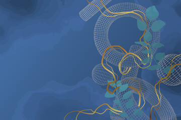 Blue watercolor vector art background. Wallpaper design with paint brush and gold line art an 3d shapes. Watercolor Illustration for prints, wall art, decor, cover, invitation cards.